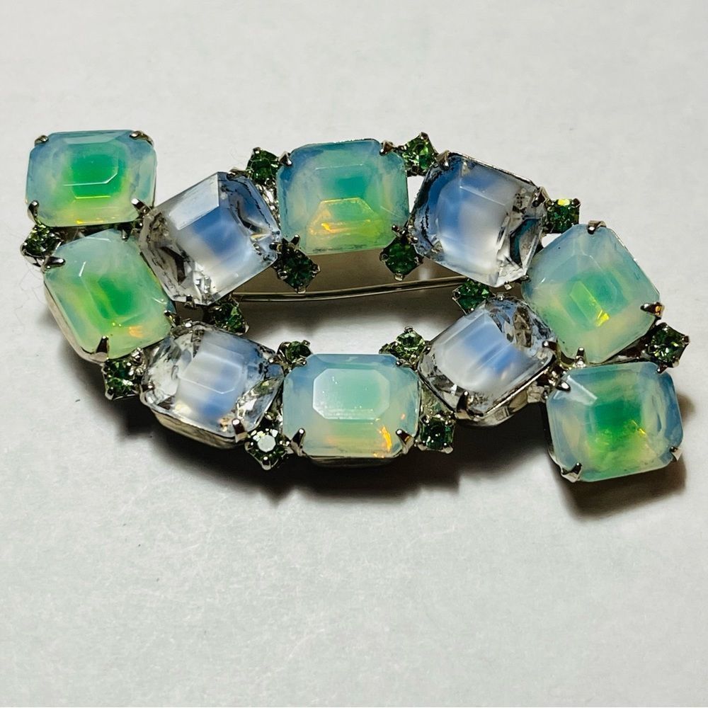 Vintage Kramer New York Brooch Large Blue Green Givre Small Emerald Rhin…